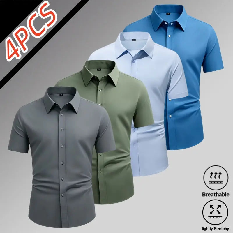 Sohochic Men’s 4-Pack Ice Silk High-Stretch Short Sleeve Shirts - Top Wardrobe Staples, Slim-Fit Button-Front Turn-Down Collar, Summer Breathable Skin-Friendly Drapey No-Iron Business Commuter Shirts