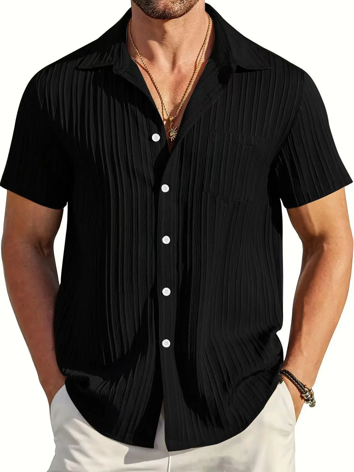 Men's Solid Textured Short Sleeve Shirt, Loose Casual Button Collared Comfy Top for Summer, Men's Clothes for Daily Wear, Menswear, Summer Shirts