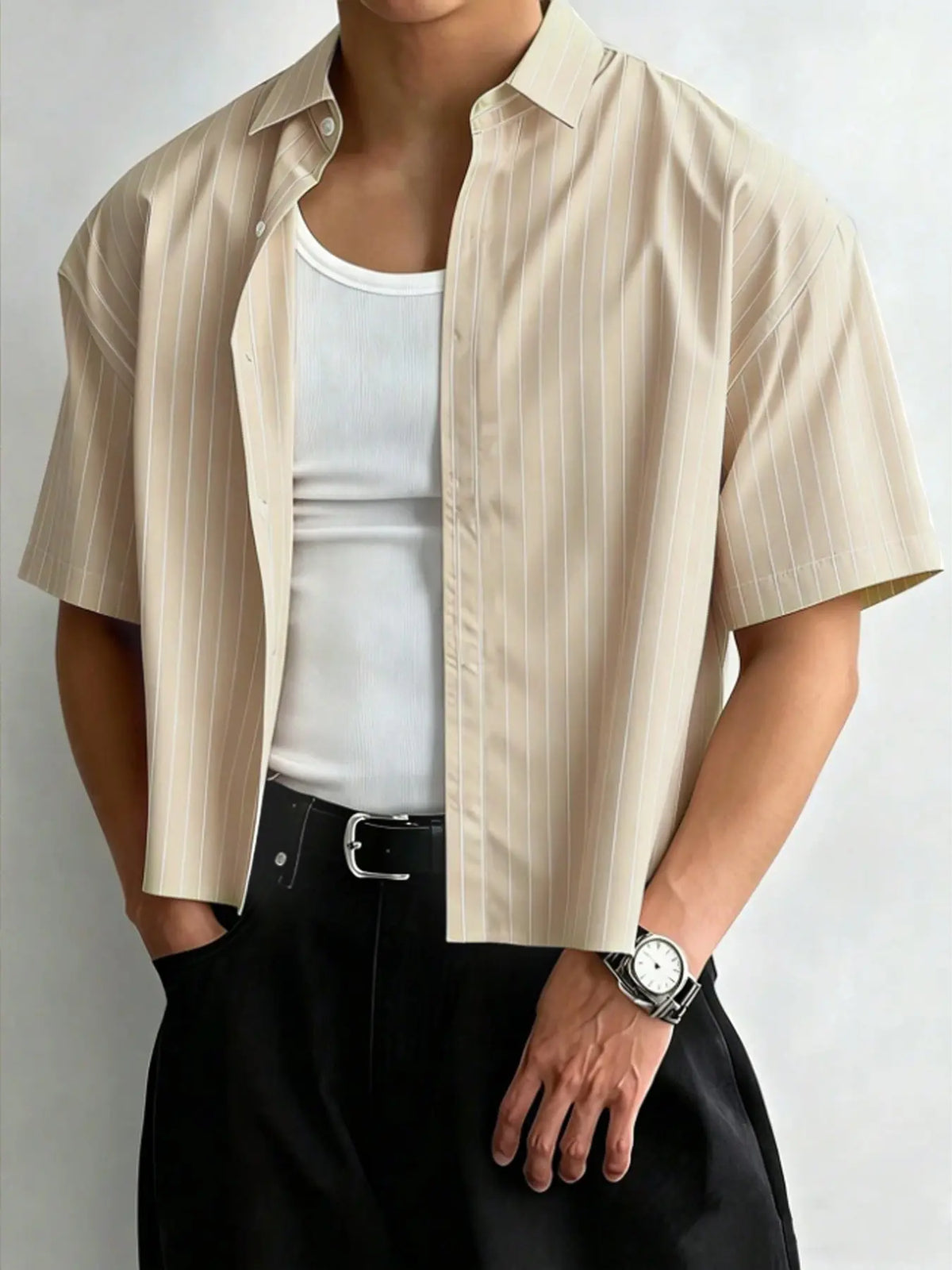 Men's Simple Striped Cropped Button Down Shirt, Casual Trendy Shirt, Regular Short Sleeve Casual Top For Streetwear, Casual Summer Clothes, Casual Summer Clothing