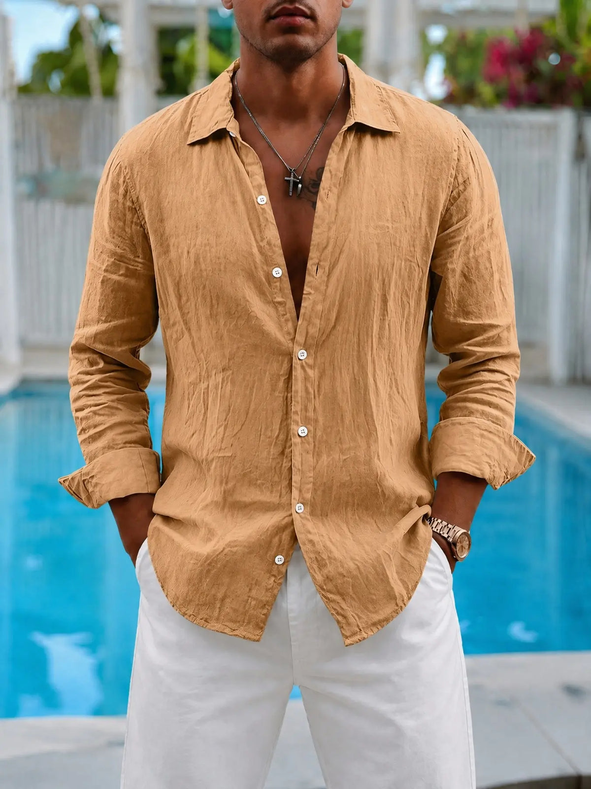 Men's Spring/Autumn Everyday Wear, Beach Vacation Style, Casual Streetwear Style, Roll-up Sleeve Linen Blend Collared Shirt, Suitable for Home, Outdoor, Urban, Street Style, Casual