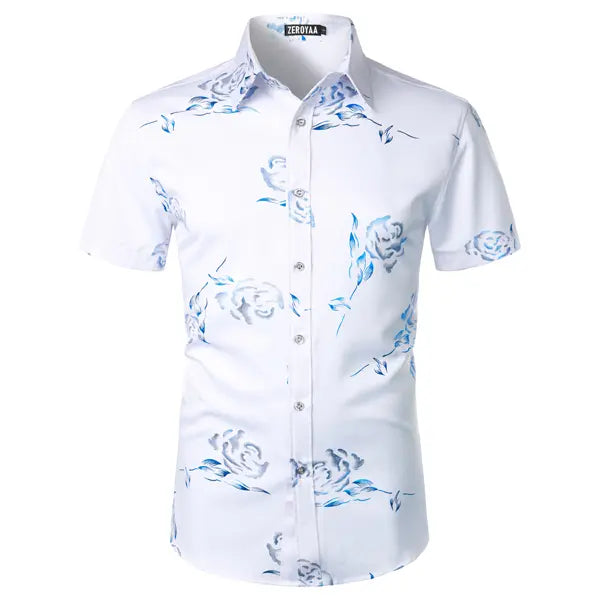 ZEROYAA Mens Hipster Gold Rose Printed Slim Fit Short Sleeve Button Down Dress Shirts Casual Summer Style Casual Fashion,back to school,back to school shopping
