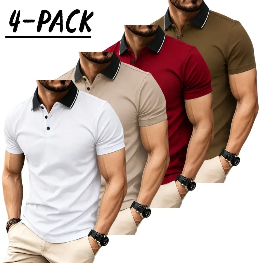 Men’s short sleeve polo shirt set of four pieces with a turn down collar and three buttons; urban casual style with contrast piping at the collar, slim tailored shoulders, and refined bead detailing. Suitable for men’s commuting, shopping, and exploring s