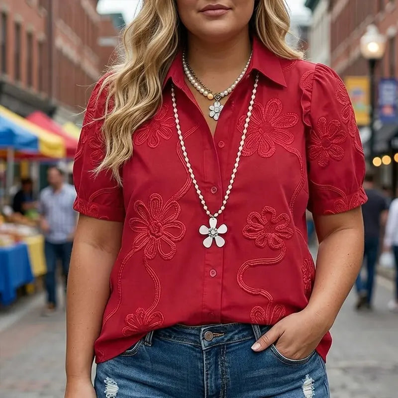 Cherrybetty 100% Cotton Elegant Flower Embroidered Collared Short Sleeve Blouse Outfit Inspo Tiktok Shop Spring Glow Up Sweety Essential Comfort Outfits