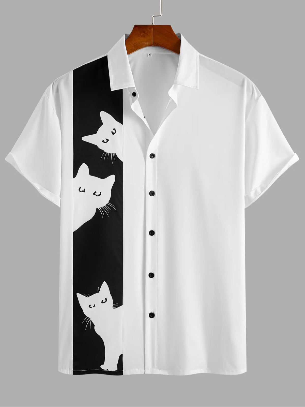 Men's Cat Print Button Front Shirt, Regular Fit Casual Short Sleeve Collared Top for Summer, Fashion Men's Top for Daily Wear, Animal Print Shirt, Casual Buttons Collared, Collared Shirts