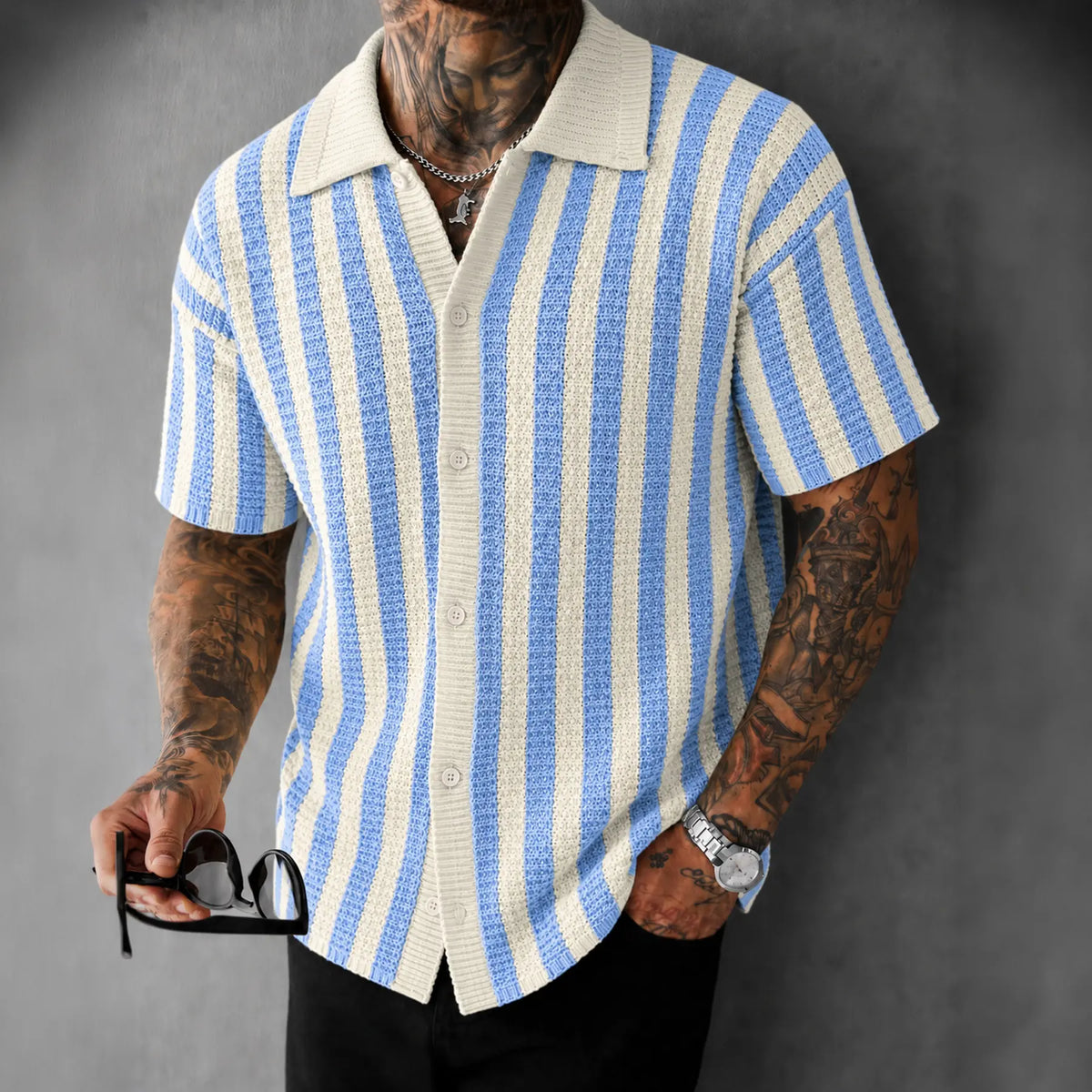 Men's Striped Knit Fabric Button Up Top - Short Sleeve, Collared, Lightweight, Breathable, Textured Menswear for Casual Outings, Beach Party, Weekend Travel