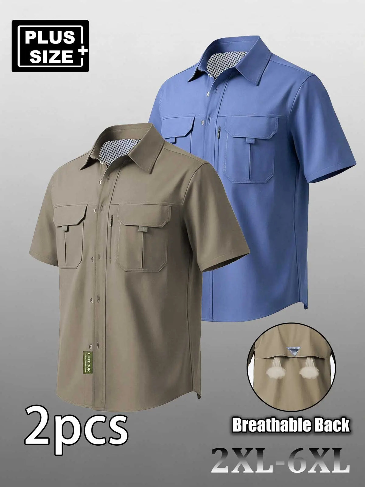 Plus Size Men's Casual Loose Summer Shirt, Short Sleeve Shirt with Multiple Pockets, Zip Details, Breathable Elastic Fabric, Casual Breathable Design, Ideal for Commute & Outdoor Activities, Top