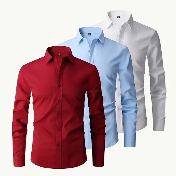 Men’s slim-fit long-sleeve button-up shirts, 3-pack — non-stretch, wrinkle-resistant, moisture-wicking, suitable for everyday wear