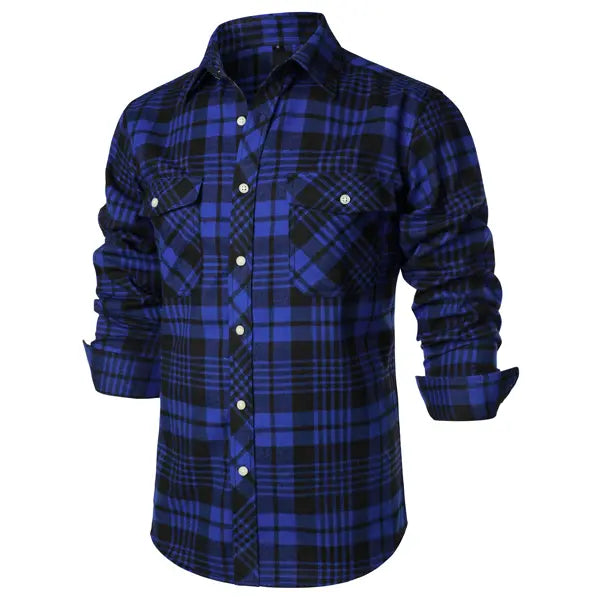 ZEROYAA Men's Plaid Flannel Shacket Tops - Classic Regular Fit, Collared Long Sleeve Button-Up Shirt with Pockets, Rayon Fabric, Button Detailing for Casual Business Wear