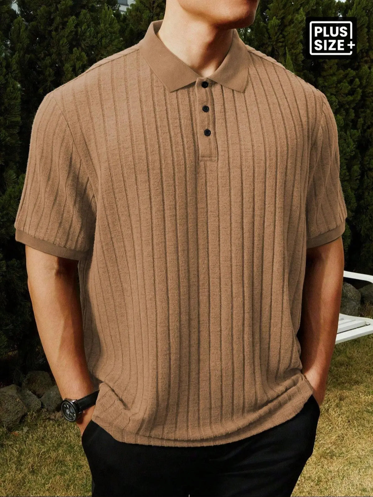 【Plus Size】Men's Plus Size Solid Rib-Knit Casual Polo Shirt, Plain Collar Shirt, Formal, Short Sleeve, Summer, Collared Polo Shirt, Plain Polo Shirts, Summer Polos