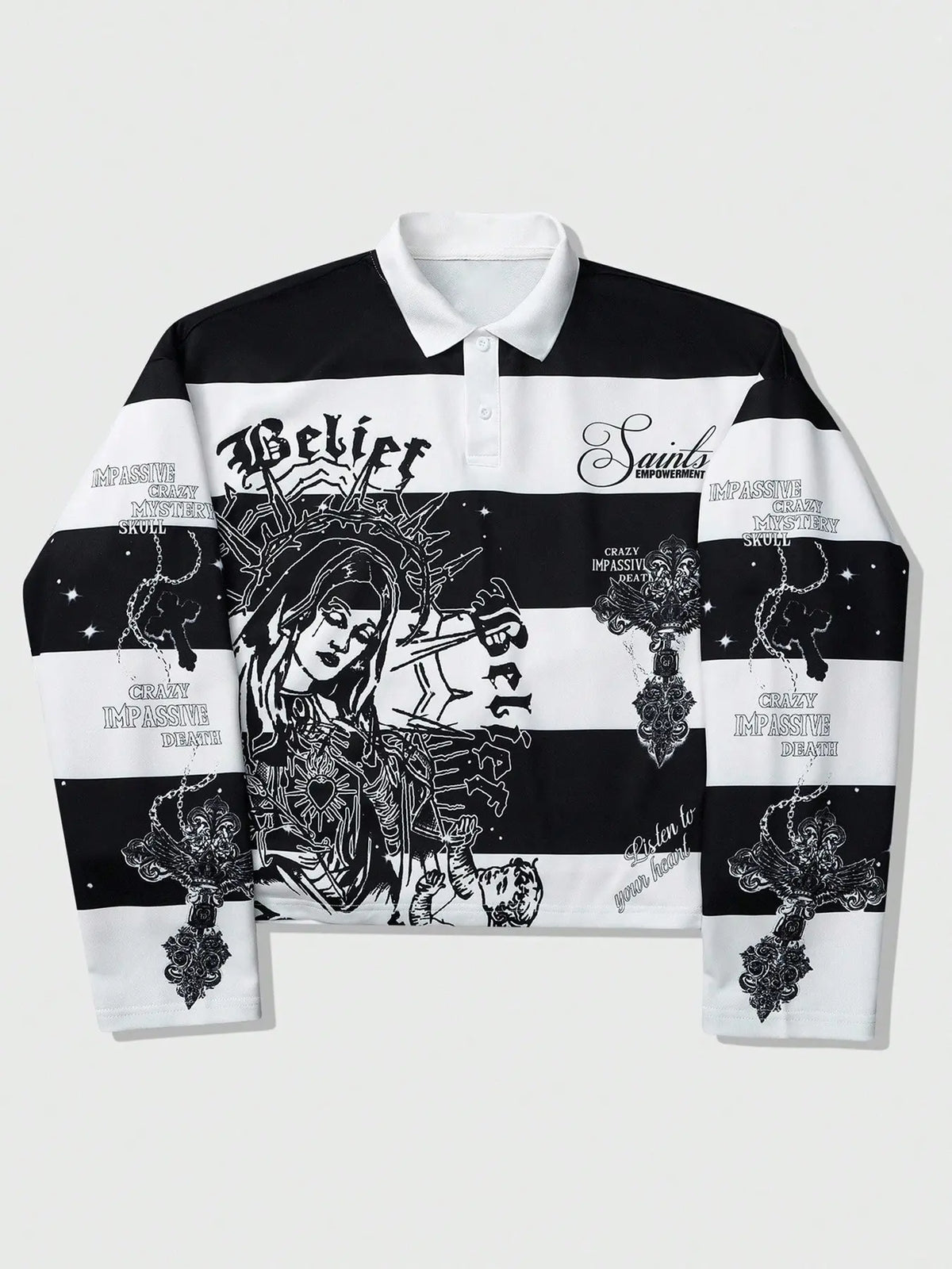 Y2K Cyber Grunge Striped Rugby Fitted Shirt | Oversized Gothic Graphic Long Sleeve Drip Polo Top | Alternative Aesthetic Fashion Casual Street Style Stylish Streetwear Collared for Unisex OOTD & Night Out