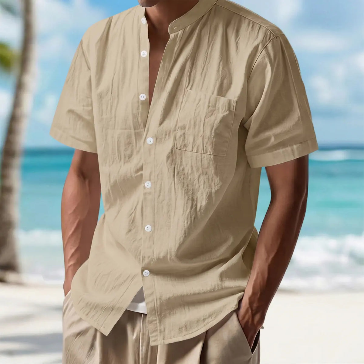 Men's 2-Pack Plain Casual Cotton-Linen Short-Sleeve Shirts - Stand Collar, Single-Button Front, Pocketed Tops, White + Light Blue, Breathable for Hot Days, Vacation Wear