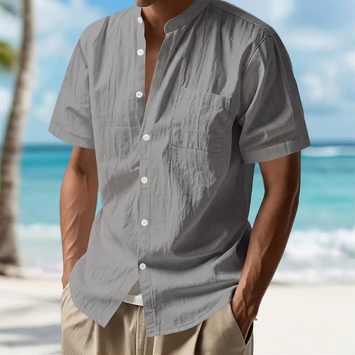 Men's 2-Pack Plain Casual Cotton-Linen Short-Sleeve Shirts - Stand Collar, Single-Button Front, Pocketed Tops, White + Light Blue, Breathable for Hot Days, Vacation Wear