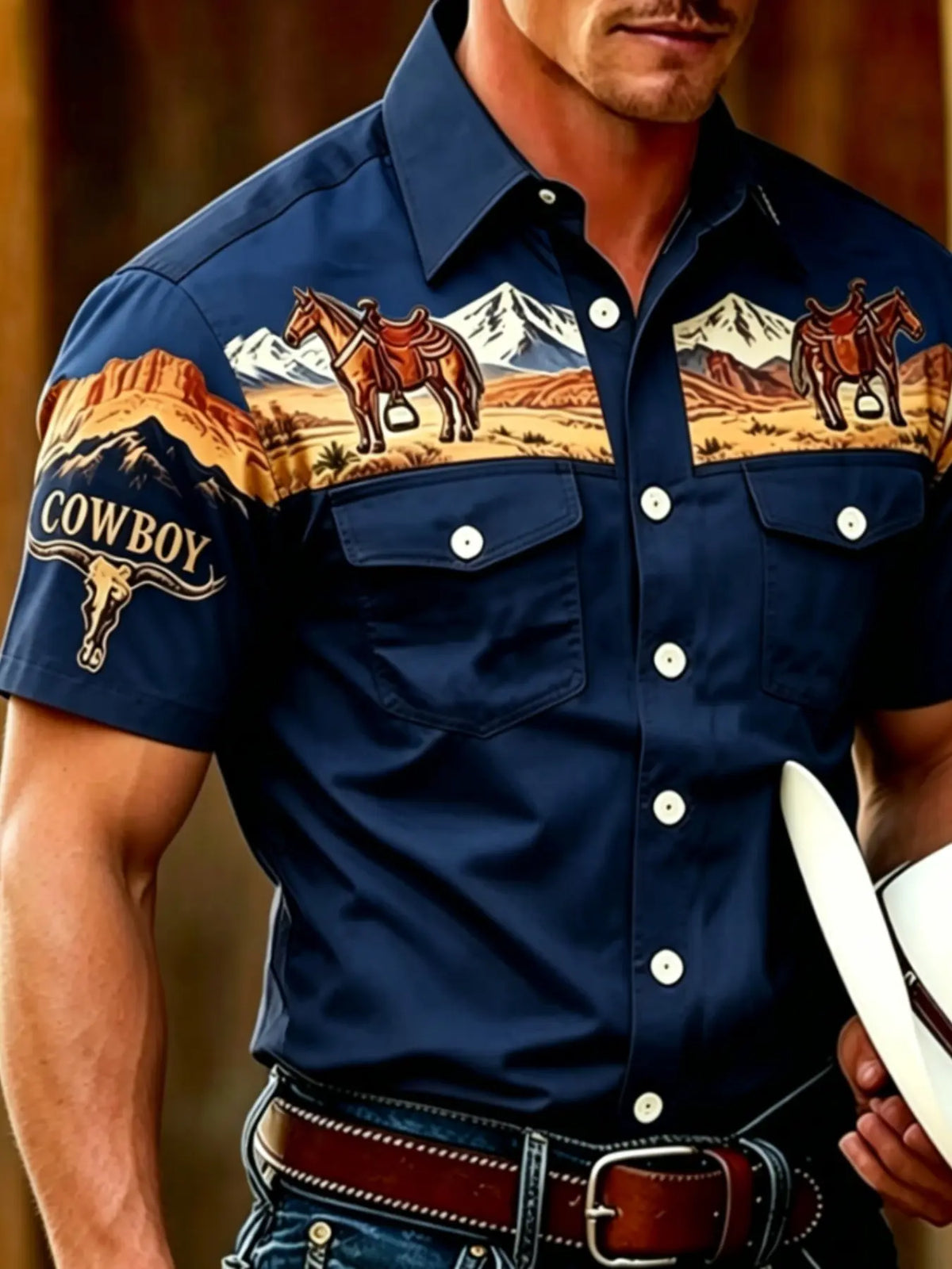 American Western Print Retro Short Sleeve Shirt for Men, Casual Slim-Fitting Workwear Top with Dual Pockets, Stylish and Comfortable, Classic, Casual Collared Shirt, Cowboy Print Shirt, Casual Fashion Shirt, Menswear