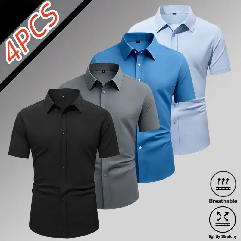 Sohochic Men’s 4-Pack Ice Silk High-Stretch Short Sleeve Shirts - Top Wardrobe Staples, Slim-Fit Button-Front Turn-Down Collar, Summer Breathable Skin-Friendly Drapey No-Iron Business Commuter Shirts