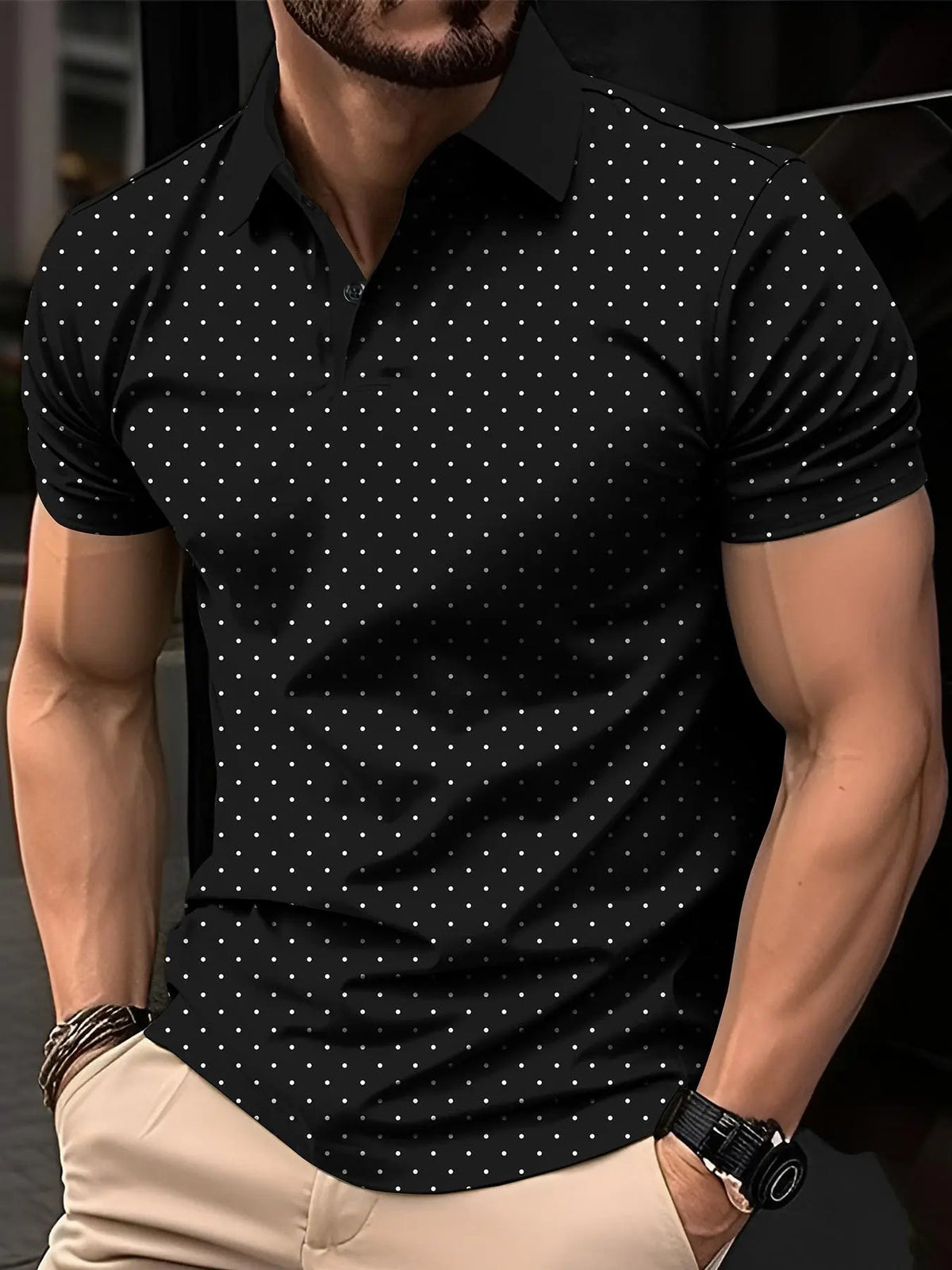 Men's Polka Dot Print Short Sleeve Knit Buttoned Polo Shirt, Casual Regular Fit Button Front Top for Summer, Fashion Men's Clothes for Daily Wear, Menswear