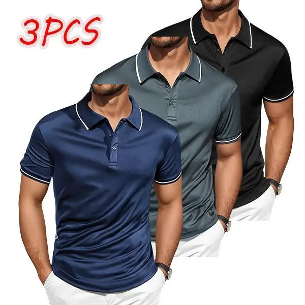 Men's 3-Pack Fitted Polo Shirts - Classic Slim Fit with Contrast Trim, Quick-Dry Spandex Male Clothing for Office, Outdoor Golf, Date Night, Dry Polo Shirts Activewear