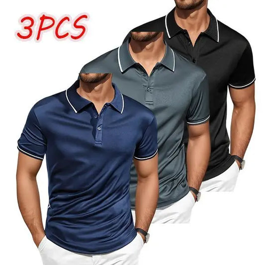 Men's 3-Pack Fitted Polo Shirts - Classic Slim Fit with Contrast Trim, Quick-Dry Spandex Male Clothing for Office, Outdoor Golf, Date Night, Dry Polo Shirts Activewear