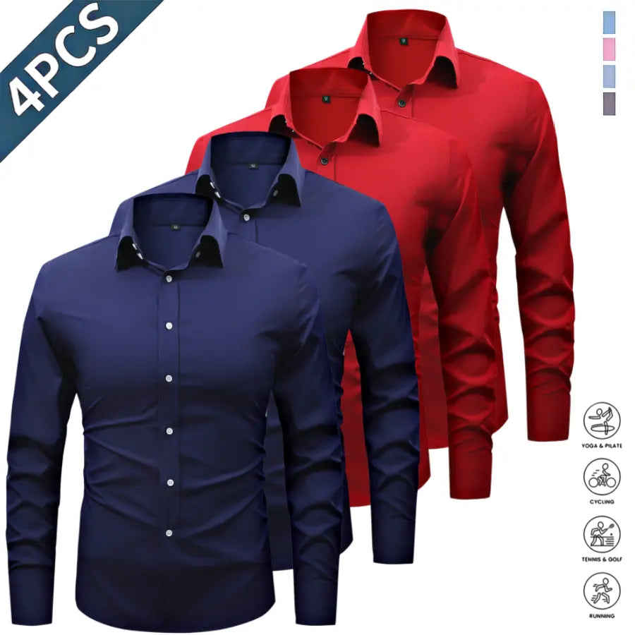 Men’s Solid-Color Long-Sleeve Shirts (4-Pack) - Fashion Apparel with Notched Lapel Collar, Comfortable Neck Button Placement, Sharp Structured Fit, Stretch Fabric, Mens Gifts for Fathers Day, 4 Shirts Refresh Your Rotation