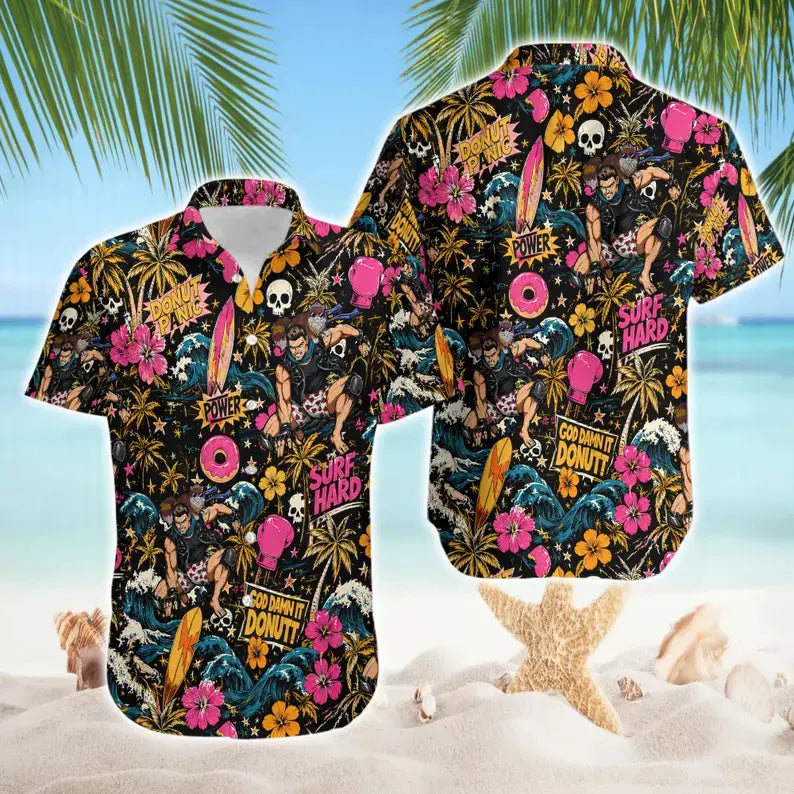 Men's Dungeon Crawler Carl Print Short-Sleeve Hawaiian Shirt - Menswear Top, Stylish Fantasy Novel Aloha Piece, Princess Donut Approved Tropical Button-Up, Tops, Casual, Classic