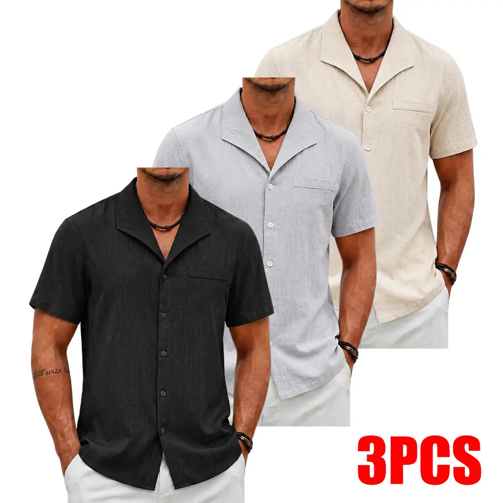 Men's 3-Pack Classic Cuban Collar Shortsleeve Shirts, Linen Blend Button Up Design Casual Button Front Tops, Breathable Casual Style for Daily & Beach Wear