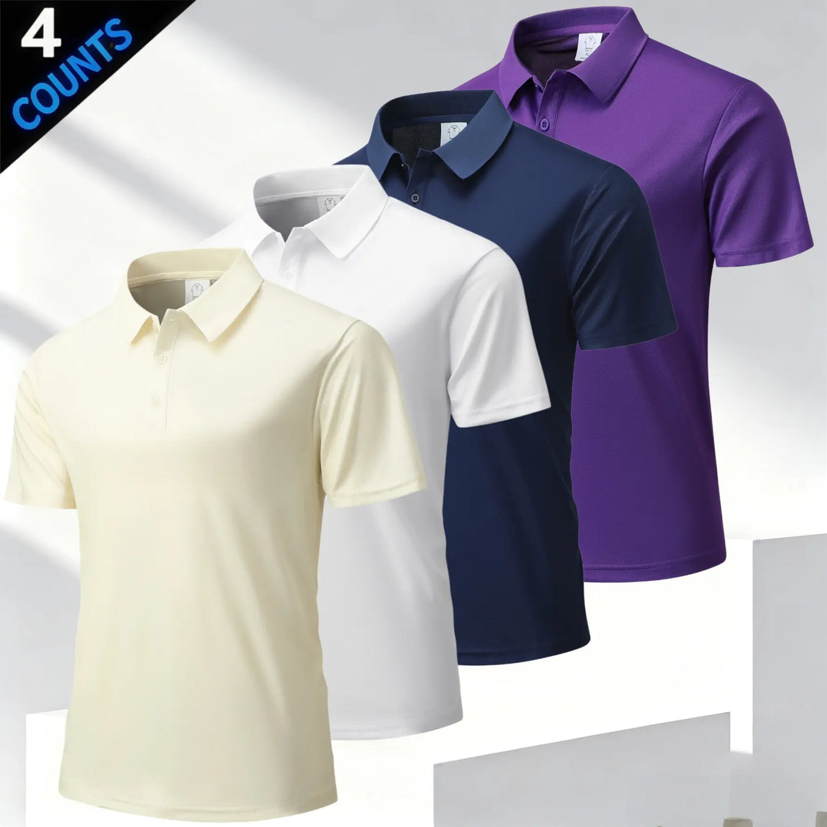 Men's 4 Plain Short-Sleeve Smart Casual Polo Shirts Top, Business Style with Classic Turn-Down Collar, Refined Buttons, Breathable Skin-Friendly Mesh Fabric, Versatile Multi-Season Fit