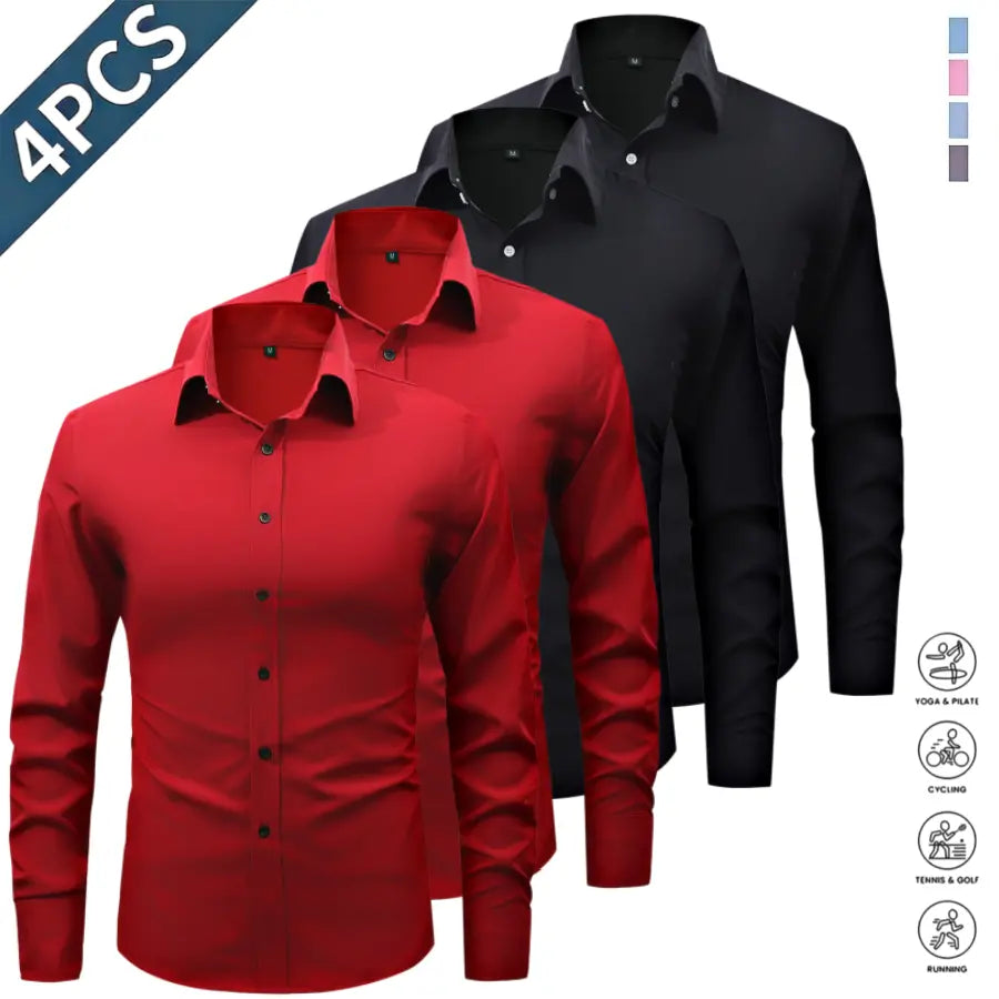 Men’s Solid-Color Long-Sleeve Shirts (4-Pack) - Fashion Apparel with Notched Lapel Collar, Comfortable Neck Button Placement, Sharp Structured Fit, Stretch Fabric, Mens Gifts for Fathers Day, 4 Shirts Refresh Your Rotation