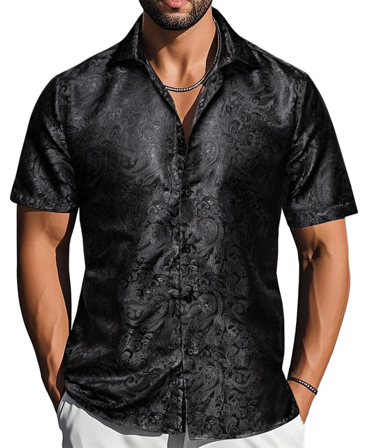 Ailisus Men's Slim Fit Paisley Shirt, Short Sleeve Casual Button-Down Polyester Top for Wedding & Party Wear, Shortsleeve, Men's Casual Shirts, Fabric, Slim Fit Ease, Wash‑Resists Pilling