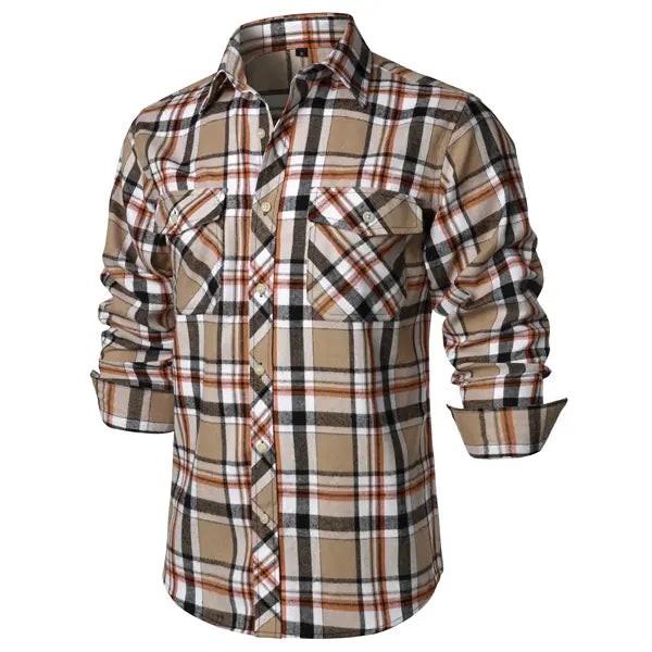 ZEROYAA Men's Plaid Flannel Shacket Tops - Classic Regular Fit, Collared Long Sleeve Button-Up Shirt with Pockets, Rayon Fabric, Button Detailing for Casual Business Wear