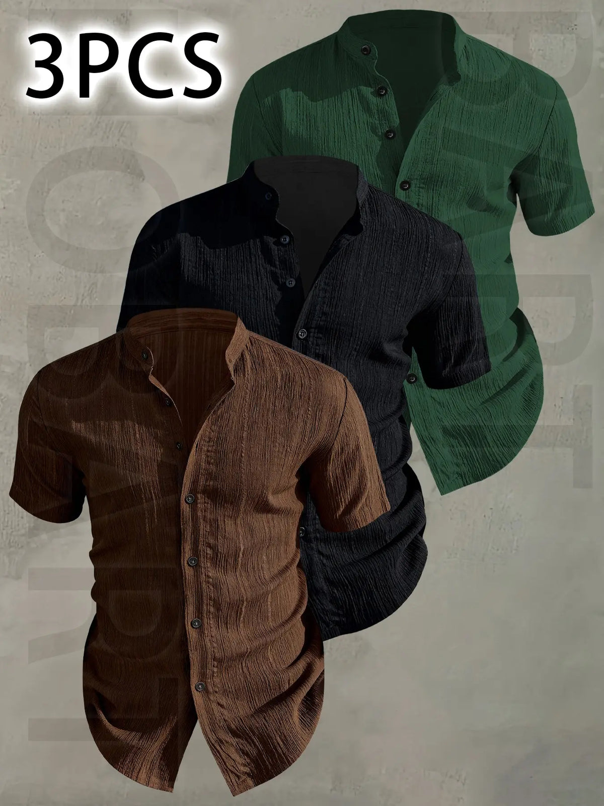 3pcs Set Men's Summer Short Sleeve - Lightweight Breathable Plain Color Button-Up Casual Shirt with Stand Collar, Low-cut collar designr Beach Vacation, Pool Party & Casual Attire, Beach Shirt, Collared Fitted Shirt, gift for husband