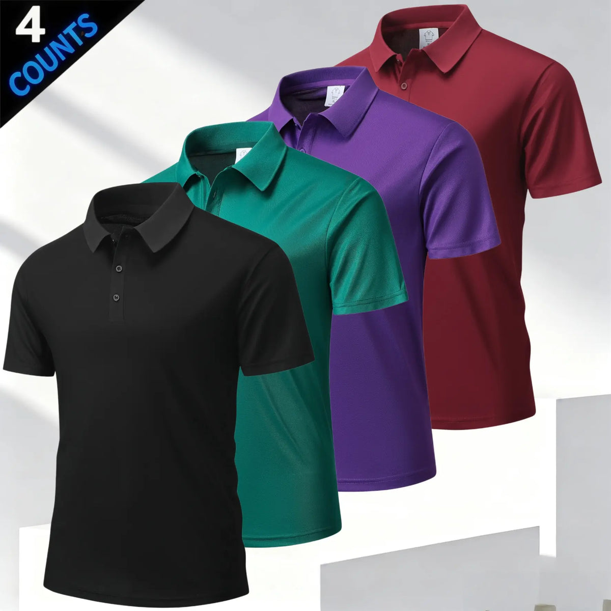 Men's 4 Plain Short-Sleeve Smart Casual Polo Shirts Top, Business Style with Classic Turn-Down Collar, Refined Buttons, Breathable Skin-Friendly Mesh Fabric, Versatile Multi-Season Fit