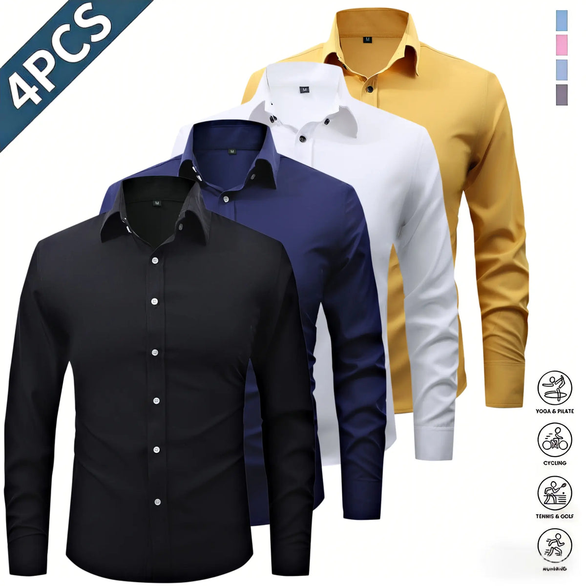 Men’s Solid-Color Long-Sleeve Shirts (4-Pack) - Fashion Apparel with Notched Lapel Collar, Comfortable Neck Button Placement, Sharp Structured Fit, Stretch Fabric, Mens Gifts for Fathers Day, 4 Shirts Refresh Your Rotation