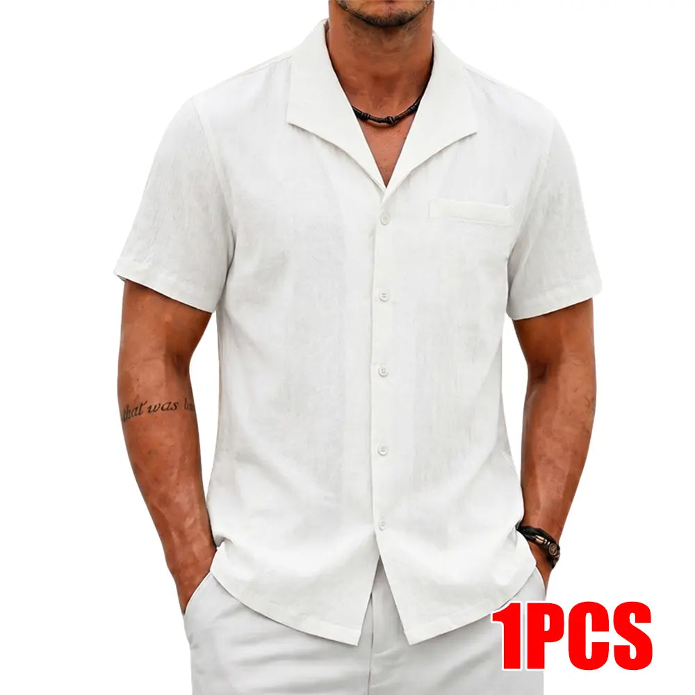 Men's 3-Pack Classic Cuban Collar Shortsleeve Shirts, Linen Blend Button Up Design Casual Button Front Tops, Breathable Casual Style for Daily & Beach Wear