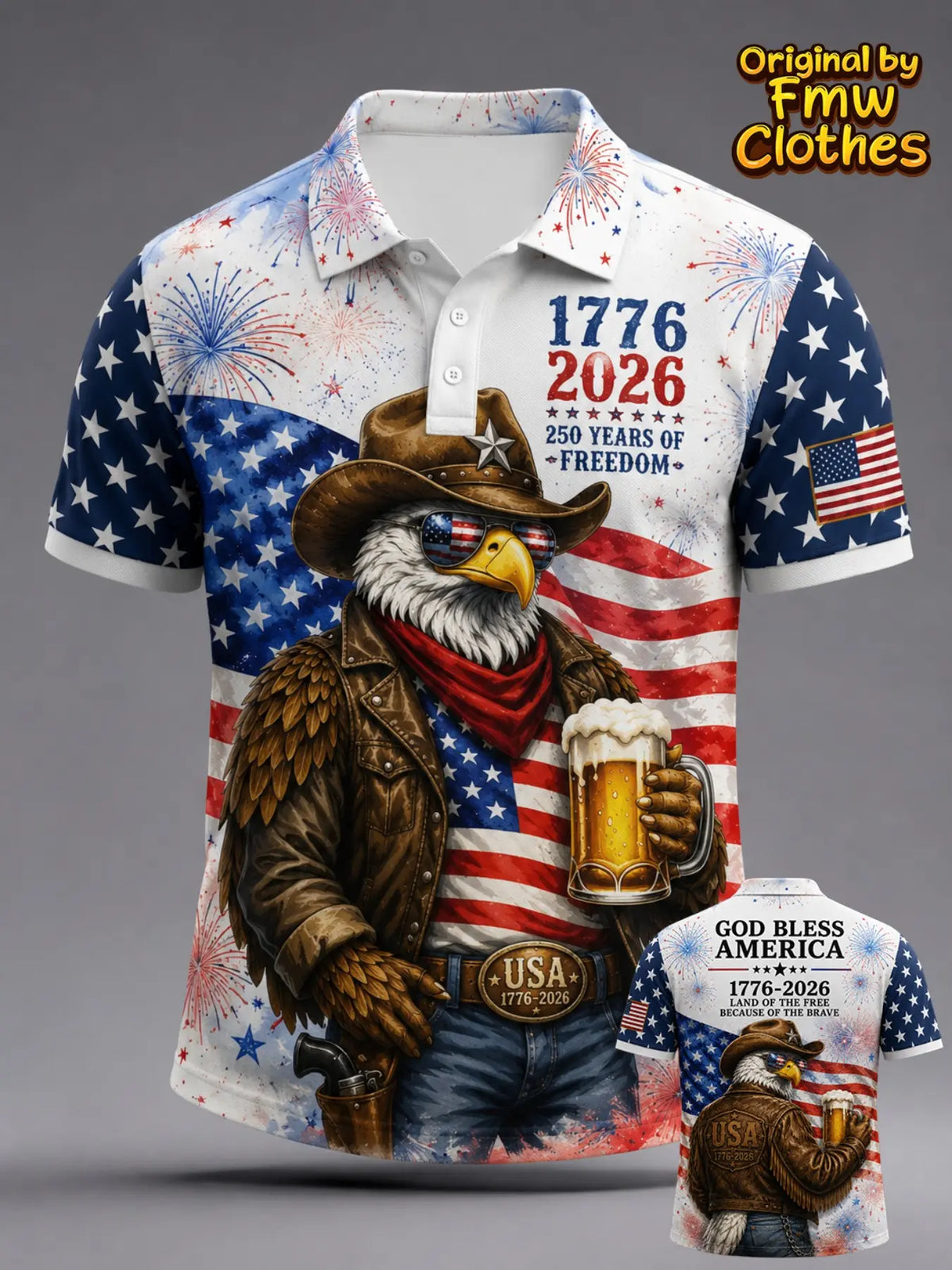 Men's 250th American Independence Day Anniversary Cowboy Eagle Beer Memorial Short Sleeve Shirt, Patriotic Casual Premium Graphic Print Polo Shirts Fitted Polo Top for All Seasons