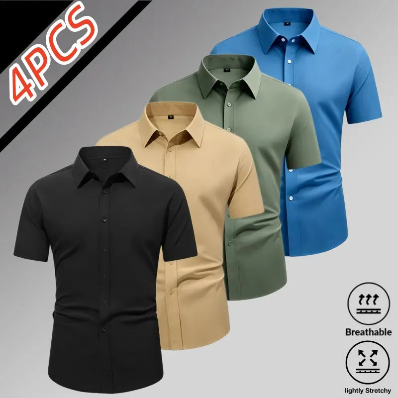 Sohochic Men’s 4-Pack Ice Silk High-Stretch Short Sleeve Shirts - Top Wardrobe Staples, Slim-Fit Button-Front Turn-Down Collar, Summer Breathable Skin-Friendly Drapey No-Iron Business Commuter Shirts