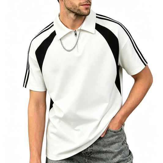 Men's Colorblock Half-Zip Polo Shirt - Short Sleeve, Striped Ribbing, Casual Loose-Fit, Breathable Soft Poly-Cotton Elastane Boyfriend-Style Athletic Menswear Top