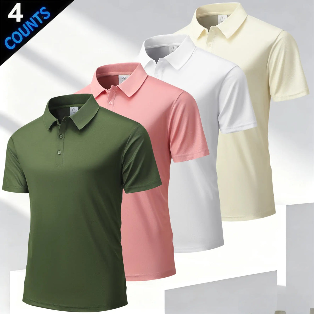 Men's 4 Plain Short-Sleeve Smart Casual Polo Shirts Top, Business Style with Classic Turn-Down Collar, Refined Buttons, Breathable Skin-Friendly Mesh Fabric, Versatile Multi-Season Fit