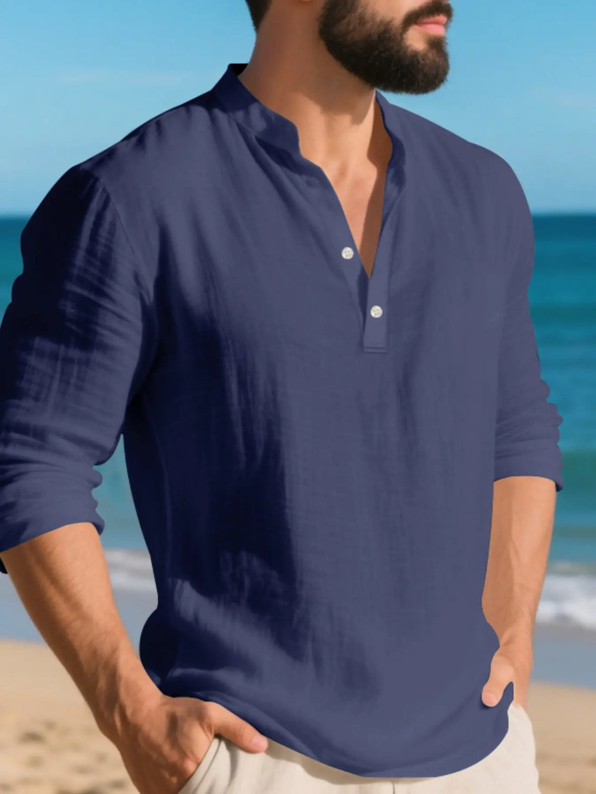 Men's Autumn Linen Henley Shirt, Casual Breathable Shirts, Casual Long Sleeve V Neck Top, Breathable Fashionable Daily Wear, Perfect for Fall Season, Menswear