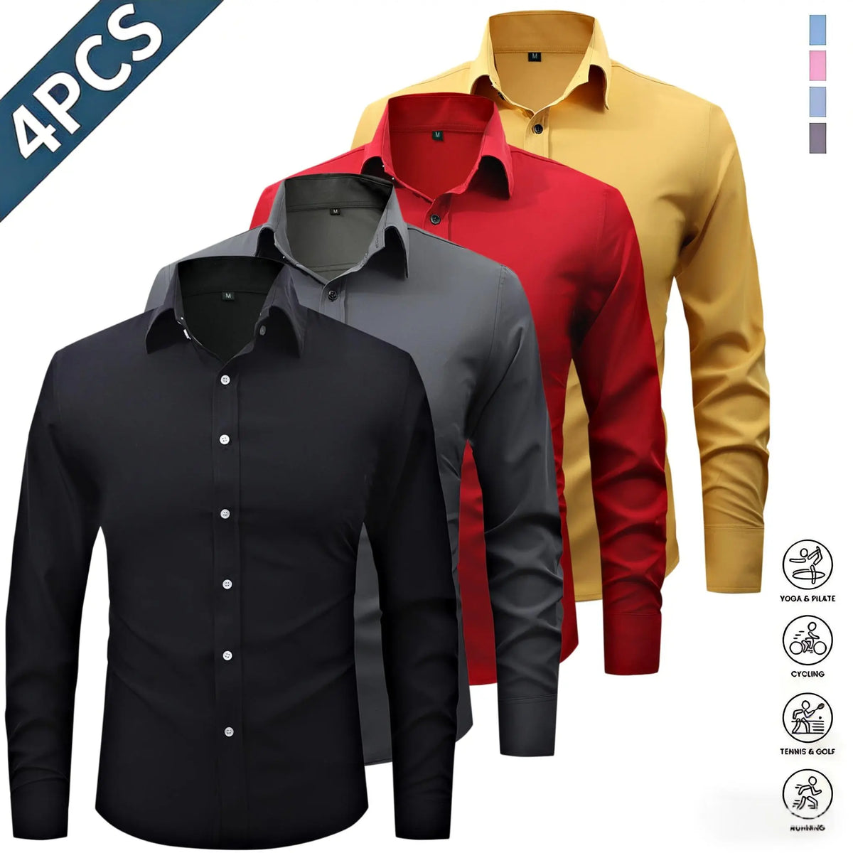 Men’s Solid-Color Long-Sleeve Shirts (4-Pack) - Fashion Apparel with Notched Lapel Collar, Comfortable Neck Button Placement, Sharp Structured Fit, Stretch Fabric, Mens Gifts for Fathers Day, 4 Shirts Refresh Your Rotation