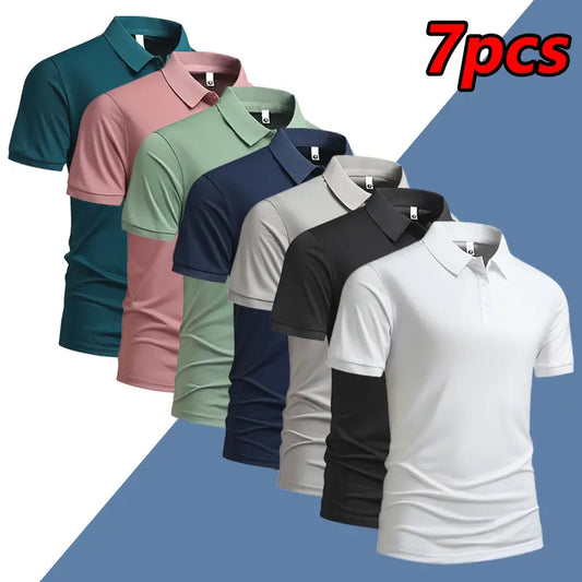 Men's Summer Short Sleeve Polo Shirt - Lightweight and Breathable Ice Silk Fabric, Solid Color, Regular Fit with Button Details, Casual Business Style, Mixed Set, Cool Collar, Men's Daily Commuter T-Shirt, Summer Casual Wear | Stylish Men's Dress Shirts |