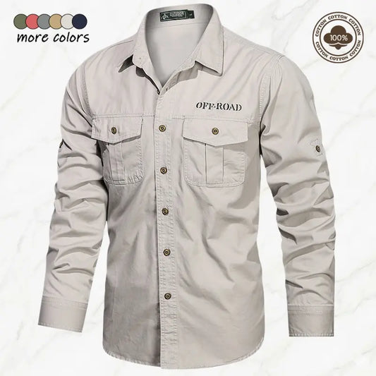 Men's 100% Cotton Long-Sleeve Collared Lapel Work Shirt - Casual Sport Shirt, Basics Top with Turn-Down Collar, Button Closure, Multiple Pockets, Solid Color, Foldable, Ideal for Hiking, Birthday Gift