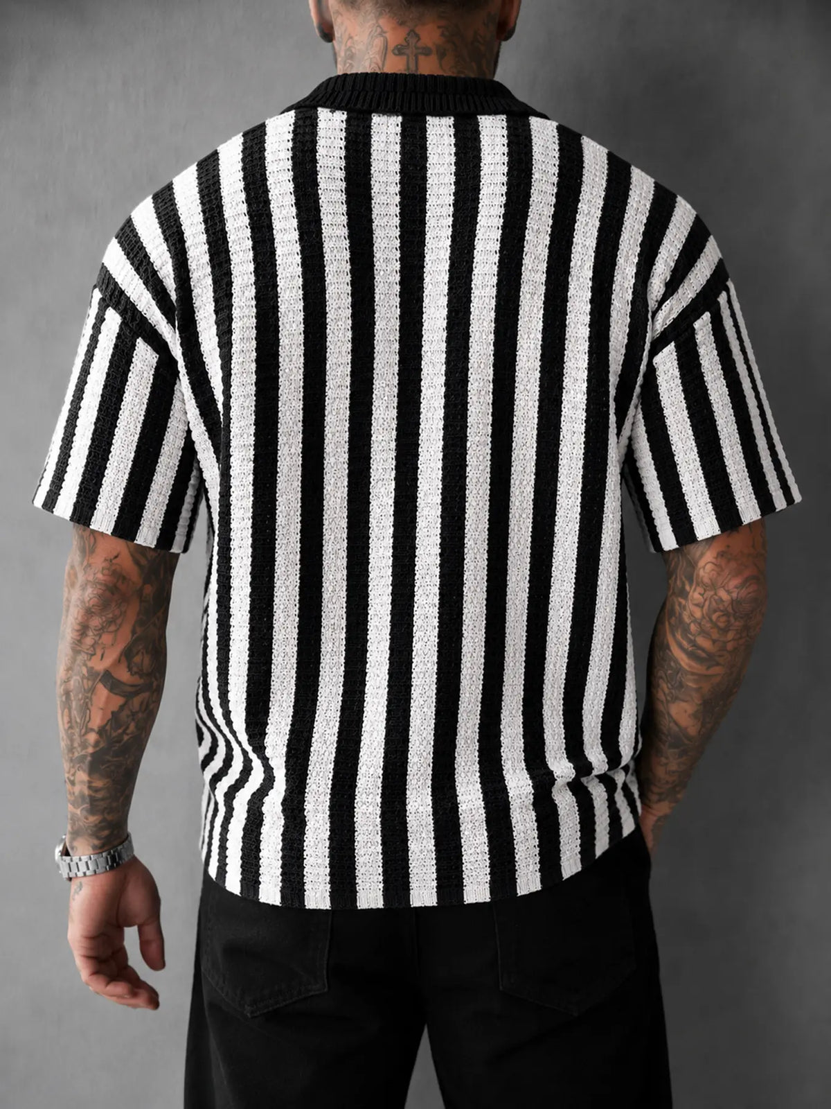 Men's Striped Knit Fabric Button Up Top - Short Sleeve, Collared, Lightweight, Breathable, Textured Menswear for Casual Outings, Beach Party, Weekend Travel