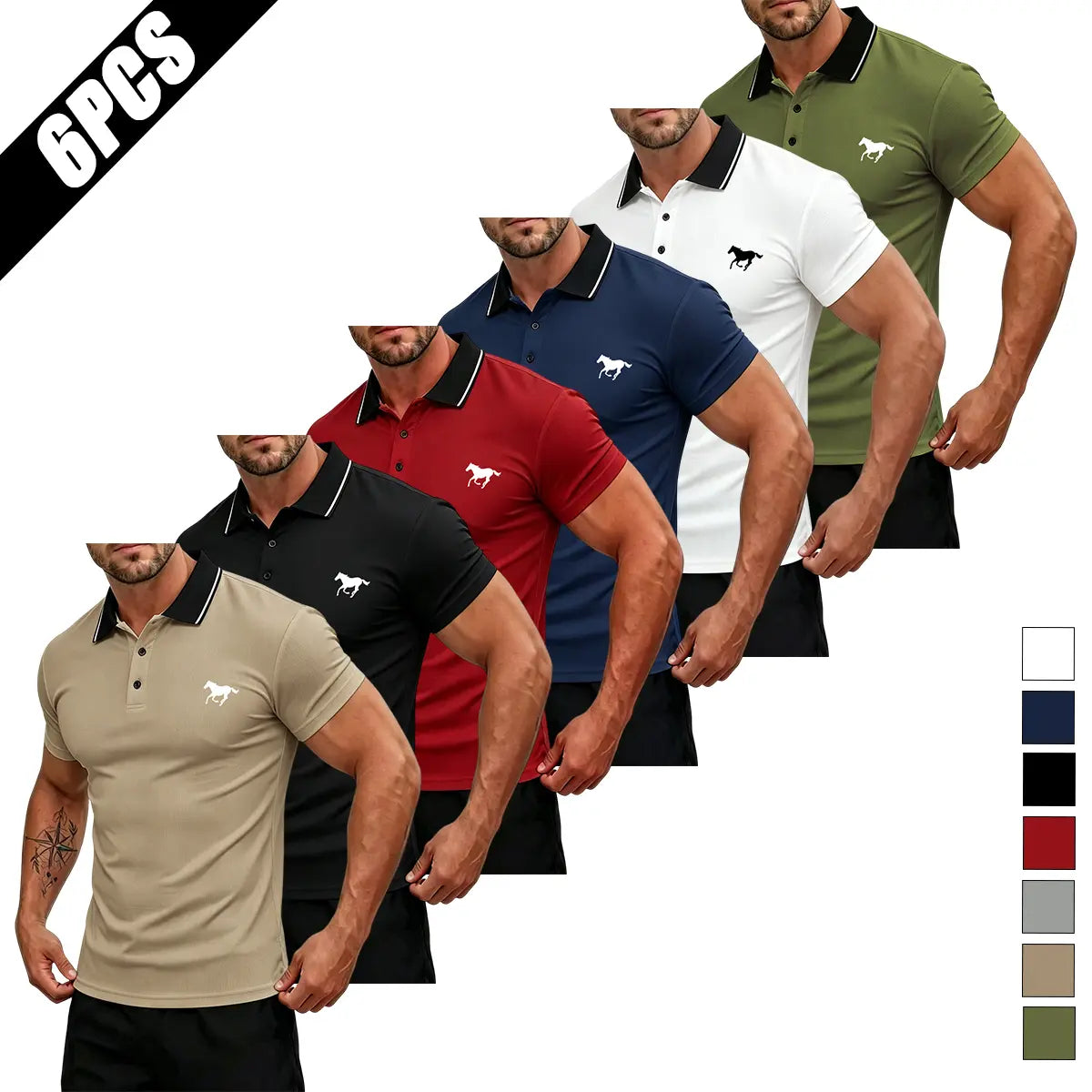 Men's Summer Short-Sleeve Horse Logo Graphic Mix Print Polo Shirt Multi-Pack - Stylish Mature Top for Casual Outings, Gifting, Horse Logo Graphic Polo Shirts, Mix Print Polo Shirts,back to school,back to school shopping