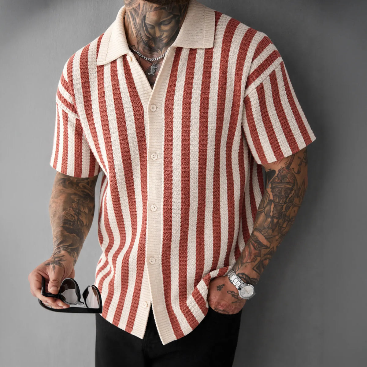 Men's Striped Knit Fabric Button Up Top - Short Sleeve, Collared, Lightweight, Breathable, Textured Menswear for Casual Outings, Beach Party, Weekend Travel