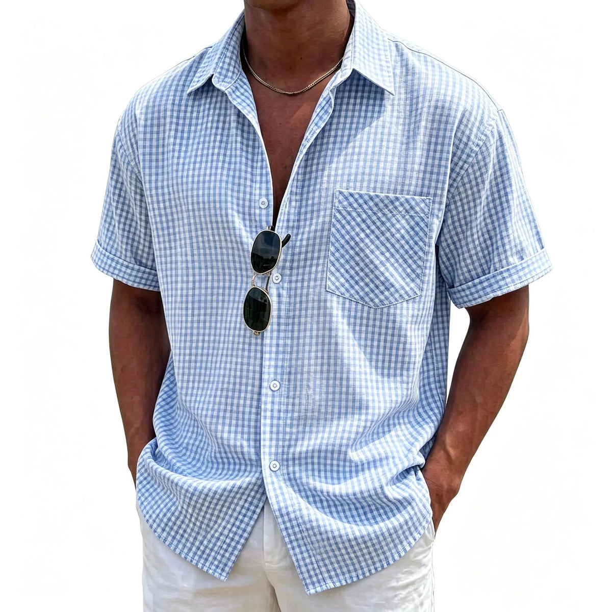 Men's Cotton Collared Neck Blue Checked Gingham Plaid Short-Sleeve Button-Down Tops - Oversized Loose Fit Menswear, Lightweight Breathable, Chest Pocket, Stylish Classical Man Style, Casual for Summer Beach Vacation