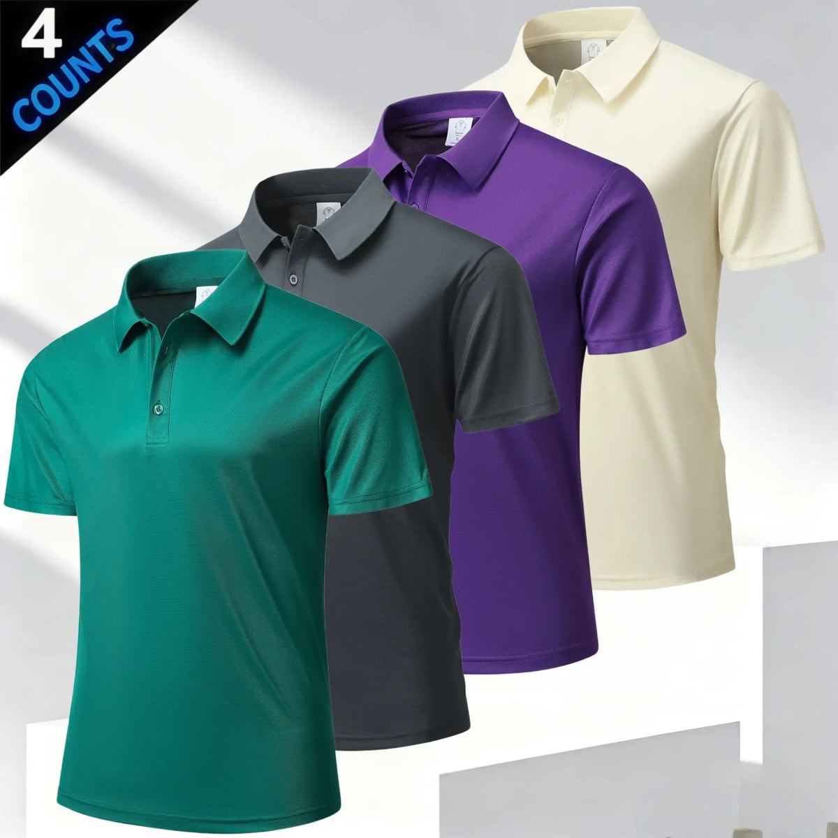 Men's 4 Plain Short-Sleeve Smart Casual Polo Shirts Top, Business Style with Classic Turn-Down Collar, Refined Buttons, Breathable Skin-Friendly Mesh Fabric, Versatile Multi-Season Fit