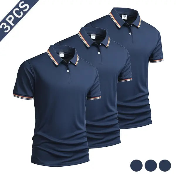 Men's 3-Piece Summer Polo Shirt Set, Polyester Fiber Fabric with Striped Sleeve Cuffs, Sporty Chic Smart Casual Top for Men's Clothing, Casual & Outdoor Use