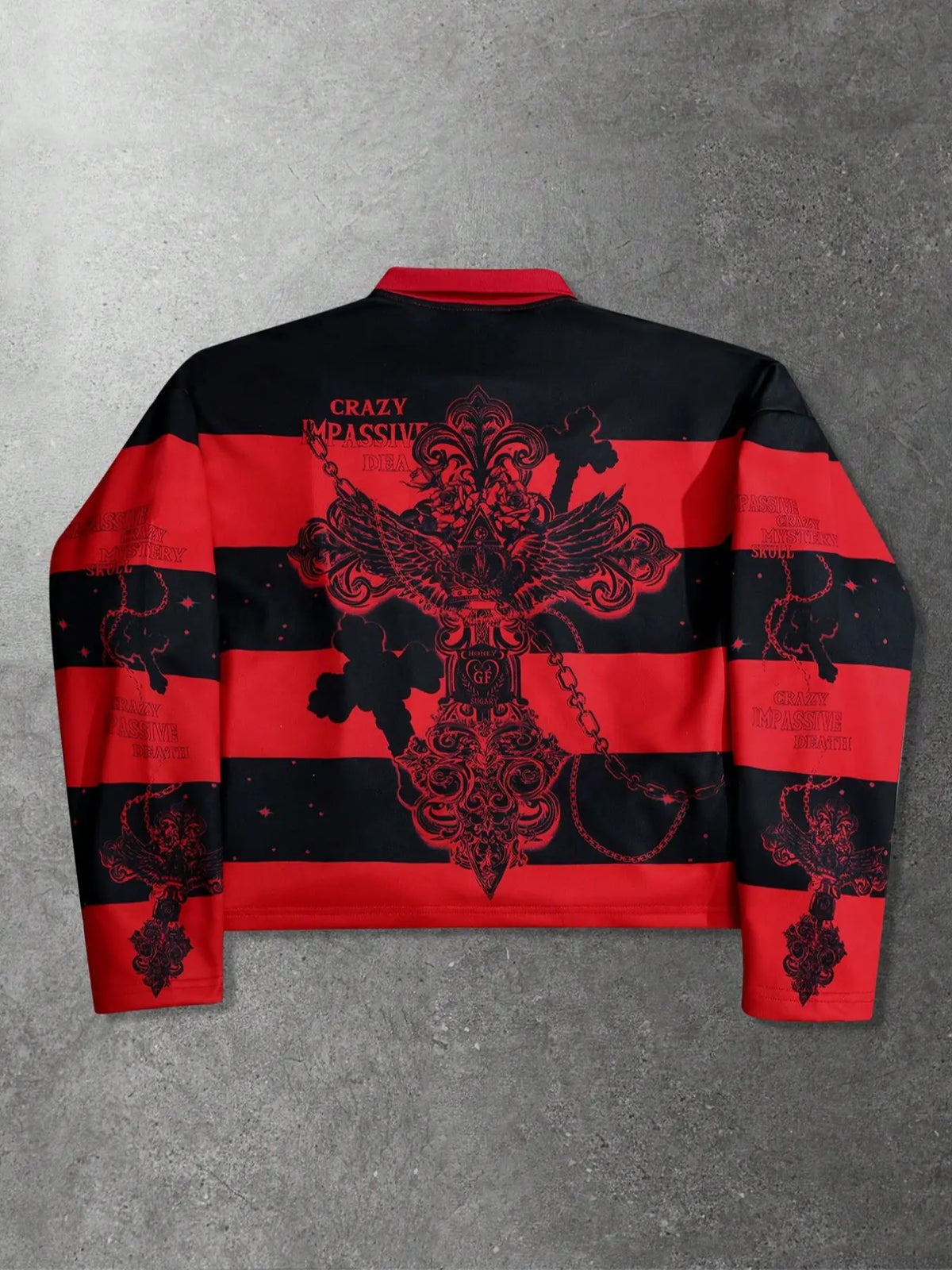Men's Gothic Striped Fitted Collared Polo Shirt, & Stripes, Belief Saints Ethnic Cultural Graphic Prints, Long Sleeve, Streetwear Casual Style, Menswear, Fall Winter, Shirts Men