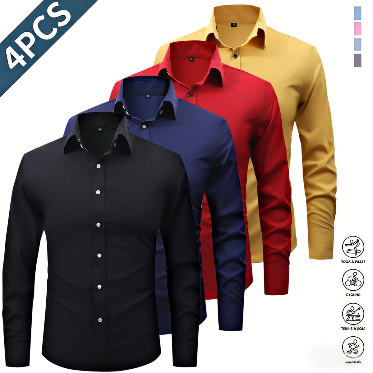 Men’s Solid-Color Long-Sleeve Shirts (4-Pack) - Fashion Apparel with Notched Lapel Collar, Comfortable Neck Button Placement, Sharp Structured Fit, Stretch Fabric, Mens Gifts for Fathers Day, 4 Shirts Refresh Your Rotation
