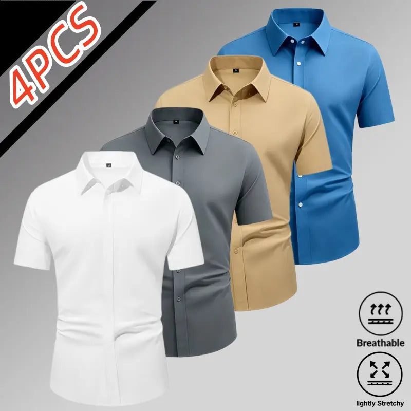 Sohochic Men’s 4-Pack Ice Silk High-Stretch Short Sleeve Shirts - Top Wardrobe Staples, Slim-Fit Button-Front Turn-Down Collar, Summer Breathable Skin-Friendly Drapey No-Iron Business Commuter Shirts