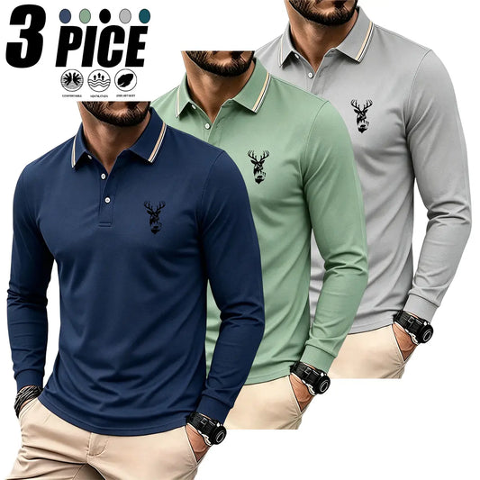 Men's 3-Pack Regular Fit Long-Sleeve Printed Preppy Retro Polo Shirts, Lightweight Breathable Casual Fit Collared Sporty Tops for Casual Wear